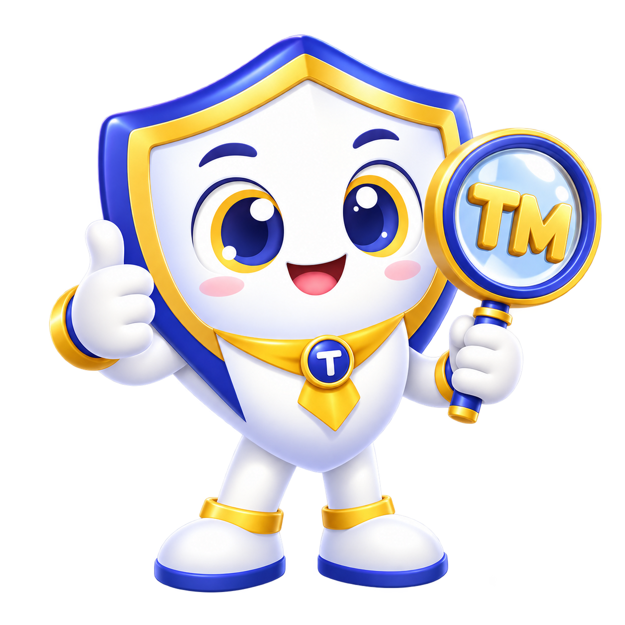 Trademark Services 原创盾牌吉祥物持商标查询放大镜